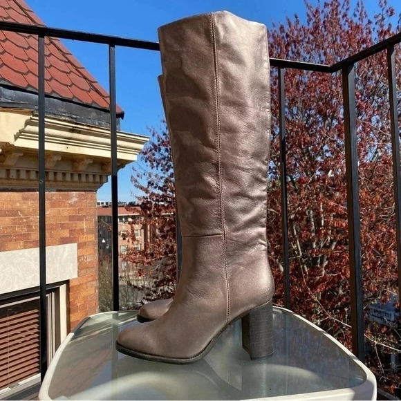 New Free People Grayson Tall Knee High Boots Leather Heeled Pewter Metallic - Picture 9 of 12
